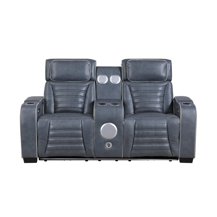 8344BUE-2PWHM POWER DOUBLE RECLINING LOVE SEAT WITH CENTER CONSOLE, POWER HEADRESTS, STORAGE ARMS(TOP AND SIDE) ,CUP HOLDERS, WIRELESS SPEAKERS WITH SUB-WOOFER, AIR MASSAGE, HEAT, LED LIGHTING AND CHARGING PORTS image