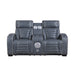 8344BUE-2PWHM POWER DOUBLE RECLINING LOVE SEAT WITH CENTER CONSOLE, POWER HEADRESTS, STORAGE ARMS(TOP AND SIDE) ,CUP HOLDERS, WIRELESS SPEAKERS WITH SUB-WOOFER, AIR MASSAGE, HEAT, LED LIGHTING AND CHARGING PORTS image