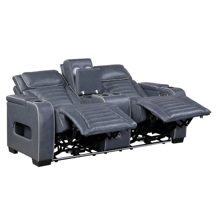 8344BUE-2PWHM POWER DOUBLE RECLINING LOVE SEAT WITH CENTER CONSOLE, POWER HEADRESTS, STORAGE ARMS(TOP AND SIDE) ,CUP HOLDERS, WIRELESS SPEAKERS WITH SUB-WOOFER, AIR MASSAGE, HEAT, LED LIGHTING AND CHARGING PORTS image