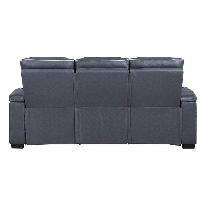 8344BUE-3PWHM Power Double Reclining Sofa with Center Drop-Down Cup Holders, Power Headrests, Storage Arms(Top and Side) ,Cup holders, Reading Lights, Wireless Charger, Air Massage, Heat, LED Lighting and Charging Ports image