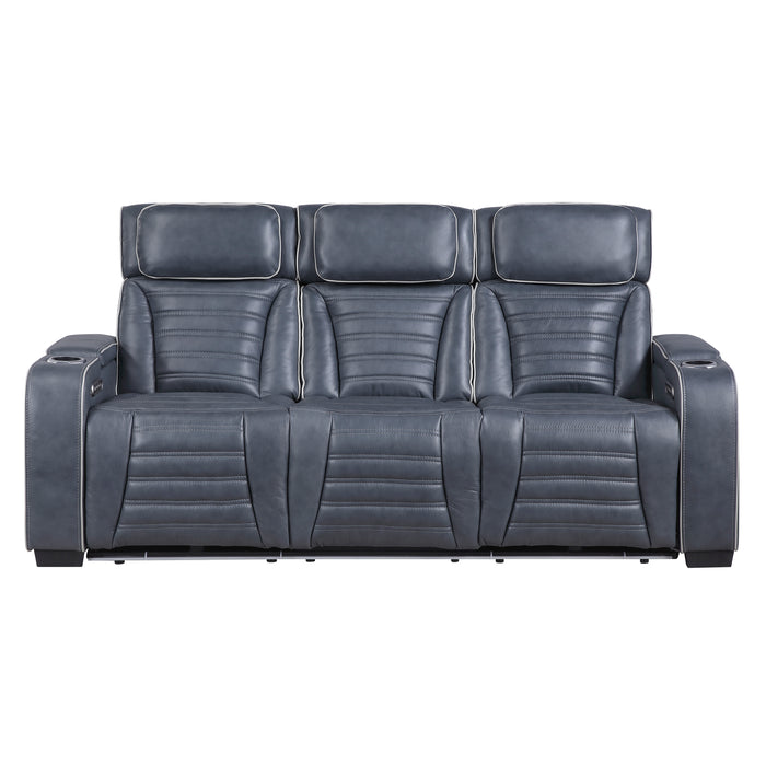 8344BUE-3PWHM Power Double Reclining Sofa with Center Drop-Down Cup Holders, Power Headrests, Storage Arms(Top and Side) ,Cup holders, Reading Lights, Wireless Charger, Air Massage, Heat, LED Lighting and Charging Ports image