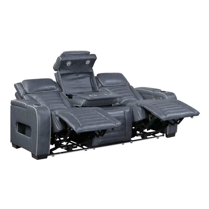 8344BUE-3PWHM Power Double Reclining Sofa with Center Drop-Down Cup Holders, Power Headrests, Storage Arms(Top and Side) ,Cup holders, Reading Lights, Wireless Charger, Air Massage, Heat, LED Lighting and Charging Ports image