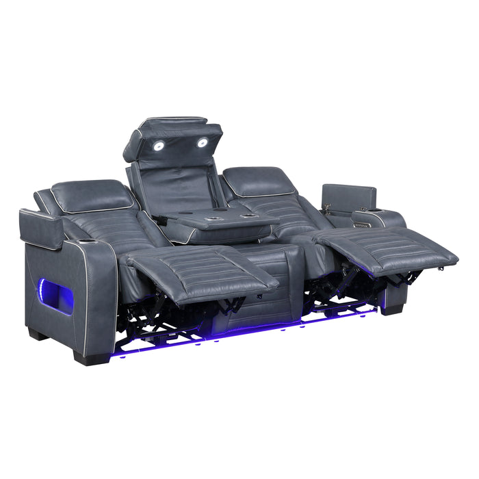 8344BUE-3PWHM Power Double Reclining Sofa with Center Drop-Down Cup Holders, Power Headrests, Storage Arms(Top and Side) ,Cup holders, Reading Lights, Wireless Charger, Air Massage, Heat, LED Lighting and Charging Ports image