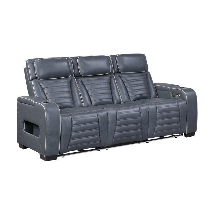 8344BUE-3PWHM Power Double Reclining Sofa with Center Drop-Down Cup Holders, Power Headrests, Storage Arms(Top and Side) ,Cup holders, Reading Lights, Wireless Charger, Air Massage, Heat, LED Lighting and Charging Ports image