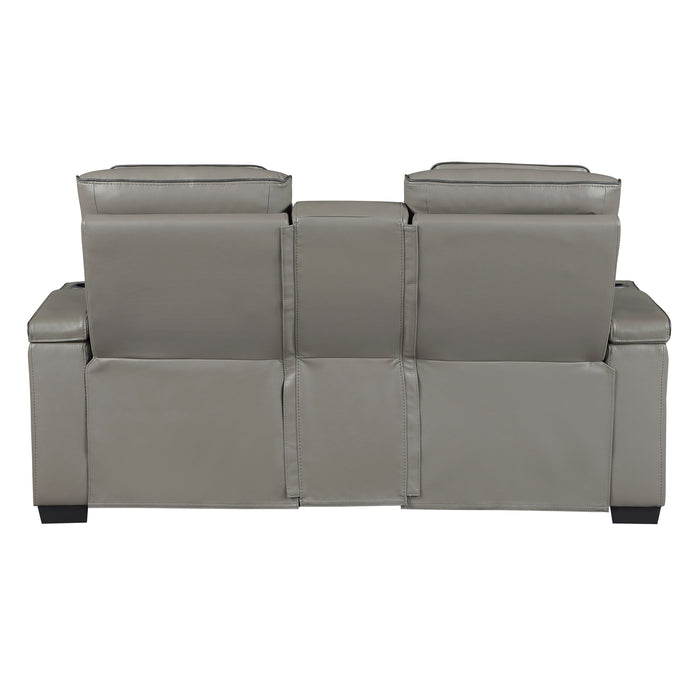 8344GRY-2PWHM POWER DOUBLE RECLINING LOVE SEAT WITH CENTER CONSOLE, POWER HEADRESTS, STORAGE ARMS(TOP AND SIDE) ,CUP HOLDERS, WIRELESS SPEAKERS WITH SUB-WOOFER, AIR MASSAGE, HEAT, LED LIGHTING AND CHARGING PORTS image