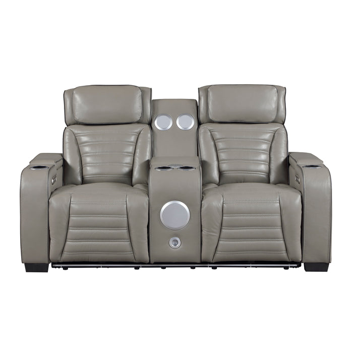 8344GRY-2PWHM POWER DOUBLE RECLINING LOVE SEAT WITH CENTER CONSOLE, POWER HEADRESTS, STORAGE ARMS(TOP AND SIDE) ,CUP HOLDERS, WIRELESS SPEAKERS WITH SUB-WOOFER, AIR MASSAGE, HEAT, LED LIGHTING AND CHARGING PORTS image