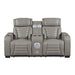 8344GRY-2PWHM POWER DOUBLE RECLINING LOVE SEAT WITH CENTER CONSOLE, POWER HEADRESTS, STORAGE ARMS(TOP AND SIDE) ,CUP HOLDERS, WIRELESS SPEAKERS WITH SUB-WOOFER, AIR MASSAGE, HEAT, LED LIGHTING AND CHARGING PORTS image