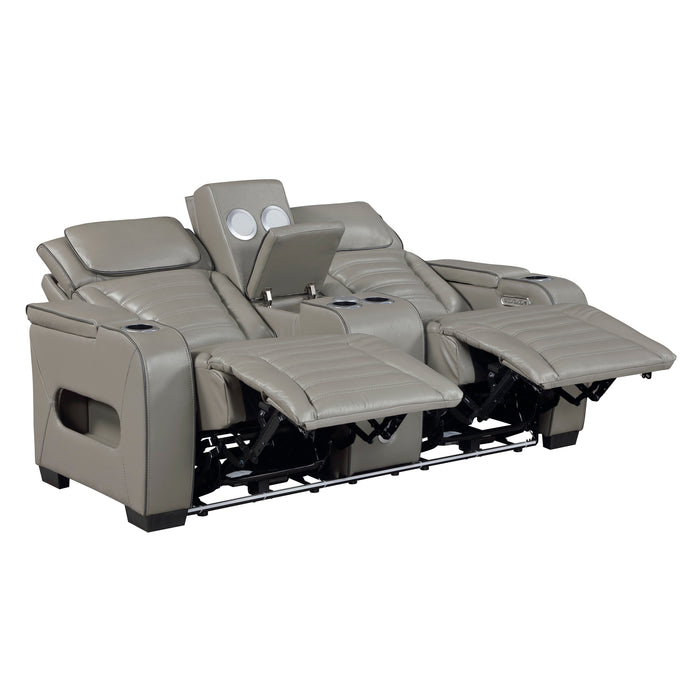 8344GRY-2PWHM POWER DOUBLE RECLINING LOVE SEAT WITH CENTER CONSOLE, POWER HEADRESTS, STORAGE ARMS(TOP AND SIDE) ,CUP HOLDERS, WIRELESS SPEAKERS WITH SUB-WOOFER, AIR MASSAGE, HEAT, LED LIGHTING AND CHARGING PORTS image