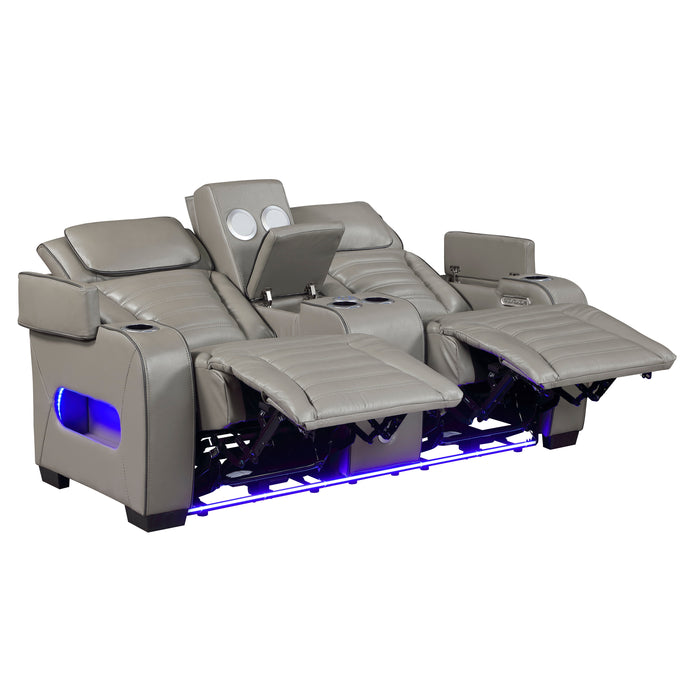8344GRY-2PWHM POWER DOUBLE RECLINING LOVE SEAT WITH CENTER CONSOLE, POWER HEADRESTS, STORAGE ARMS(TOP AND SIDE) ,CUP HOLDERS, WIRELESS SPEAKERS WITH SUB-WOOFER, AIR MASSAGE, HEAT, LED LIGHTING AND CHARGING PORTS image
