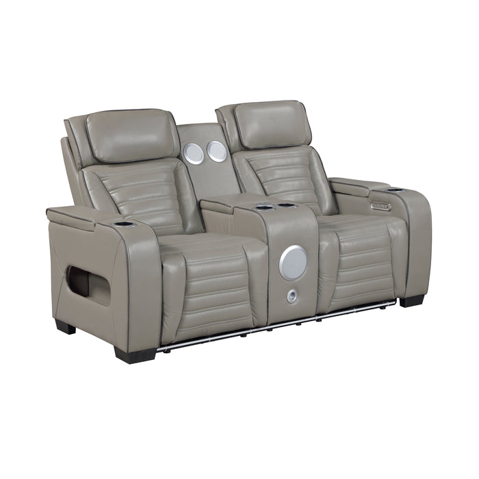 8344GRY-2PWHM POWER DOUBLE RECLINING LOVE SEAT WITH CENTER CONSOLE, POWER HEADRESTS, STORAGE ARMS(TOP AND SIDE) ,CUP HOLDERS, WIRELESS SPEAKERS WITH SUB-WOOFER, AIR MASSAGE, HEAT, LED LIGHTING AND CHARGING PORTS image