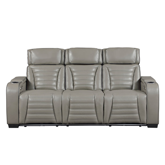 8344GRY-3PWHM Power Double Reclining Sofa with Center Drop-Down Cup Holders, Power Headrests, Storage Arms(Top and Side) ,Cup holders, Reading Lights, Wireless Charger, Air Massage, Heat, LED Lighting and Charging Ports image