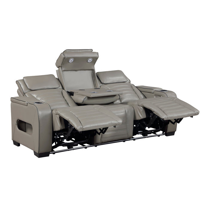 8344GRY-3PWHM Power Double Reclining Sofa with Center Drop-Down Cup Holders, Power Headrests, Storage Arms(Top and Side) ,Cup holders, Reading Lights, Wireless Charger, Air Massage, Heat, LED Lighting and Charging Ports image