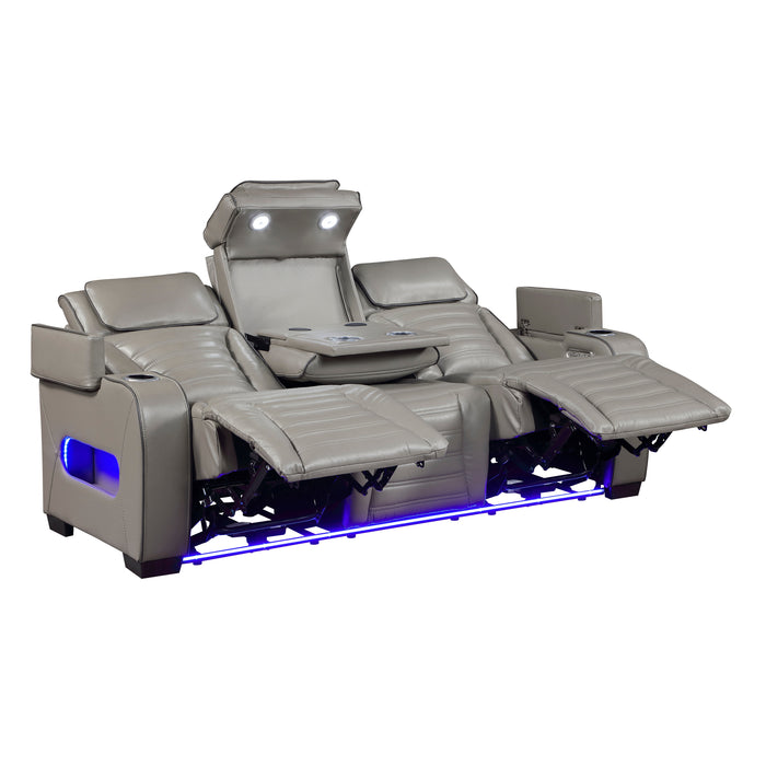 8344GRY-3PWHM Power Double Reclining Sofa with Center Drop-Down Cup Holders, Power Headrests, Storage Arms(Top and Side) ,Cup holders, Reading Lights, Wireless Charger, Air Massage, Heat, LED Lighting and Charging Ports image