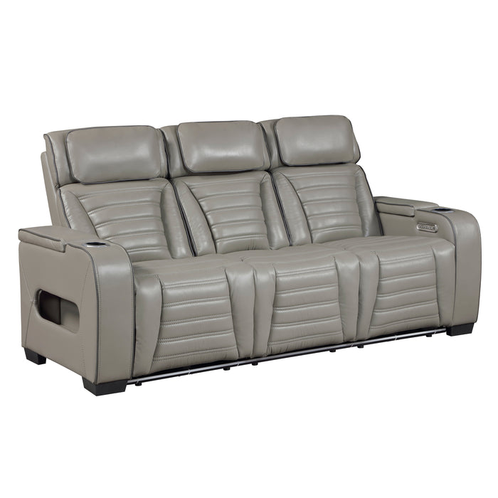 8344GRY-3PWHM Power Double Reclining Sofa with Center Drop-Down Cup Holders, Power Headrests, Storage Arms(Top and Side) ,Cup holders, Reading Lights, Wireless Charger, Air Massage, Heat, LED Lighting and Charging Ports image
