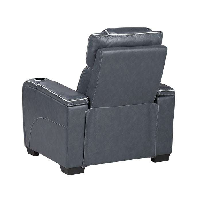 8449BU-1PWHM Power Reclining Chair with Power Headrest, Storage Arms with Cup Holders, Air Massage and Heat, LED Lighting and Charging Ports image