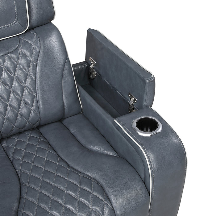 8449BU-1PWHM Power Reclining Chair with Power Headrest, Storage Arms with Cup Holders, Air Massage and Heat, LED Lighting and Charging Ports image