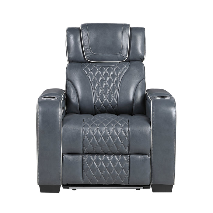 8449BU-1PWHM Power Reclining Chair with Power Headrest, Storage Arms with Cup Holders, Air Massage and Heat, LED Lighting and Charging Ports image