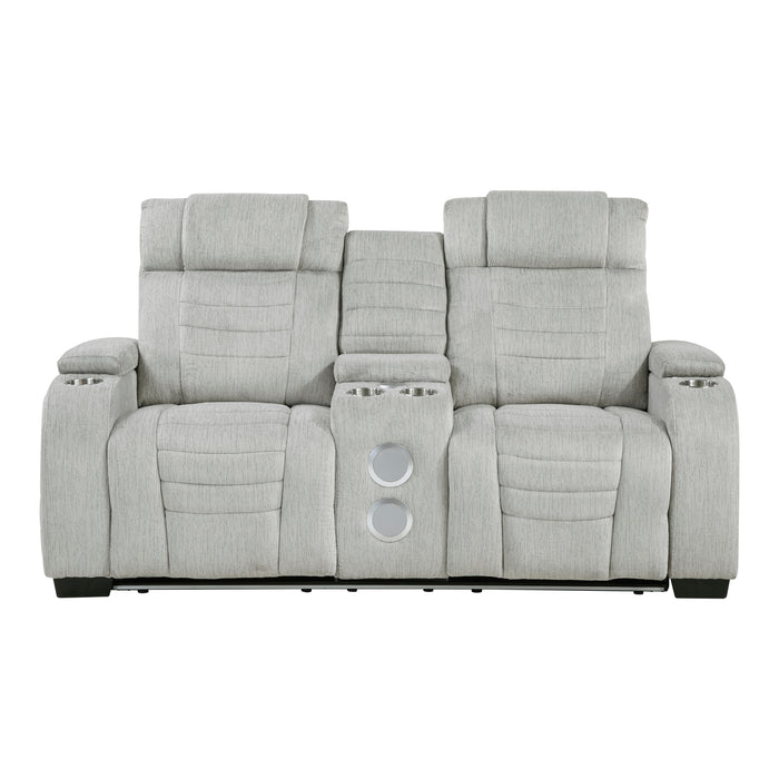 8455GRY-2 Double Reclining Love Seat with Center Console, Wireless Speakers, Storage Arms, Cup holders and LED image