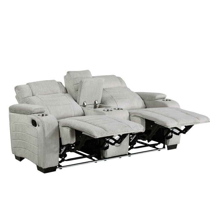 8455GRY-2 Double Reclining Love Seat with Center Console, Wireless Speakers, Storage Arms, Cup holders and LED image