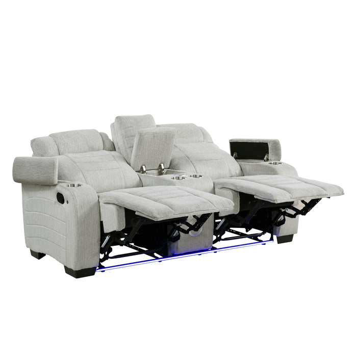 8455GRY-2 Double Reclining Love Seat with Center Console, Wireless Speakers, Storage Arms, Cup holders and LED image