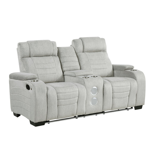 8455GRY-2 Double Reclining Love Seat with Center Console, Wireless Speakers, Storage Arms, Cup holders and LED image