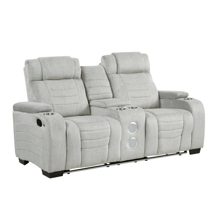 8455GRY-2 Double Reclining Love Seat with Center Console, Wireless Speakers, Storage Arms, Cup holders and LED image