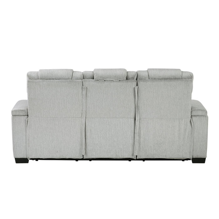 8455GRY-3 Double Reclining Sofa with Center Drop-Down Cup Holders, Storage Arms, Cup Holders, Reading Lights, Magazine Bag, Receptacles, Charging Ports and LED image