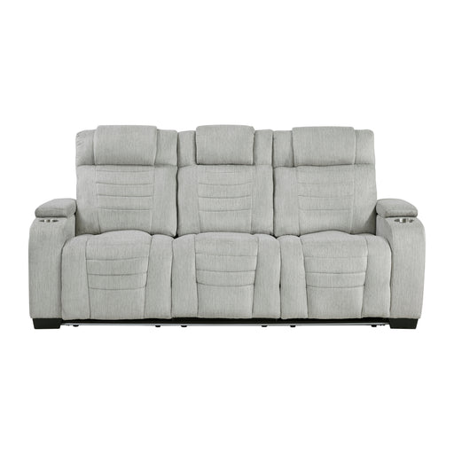 8455GRY-3 Double Reclining Sofa with Center Drop-Down Cup Holders, Storage Arms, Cup Holders, Reading Lights, Magazine Bag, Receptacles, Charging Ports and LED image