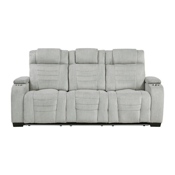 8455GRY-3 Double Reclining Sofa with Center Drop-Down Cup Holders, Storage Arms, Cup Holders, Reading Lights, Magazine Bag, Receptacles, Charging Ports and LED image