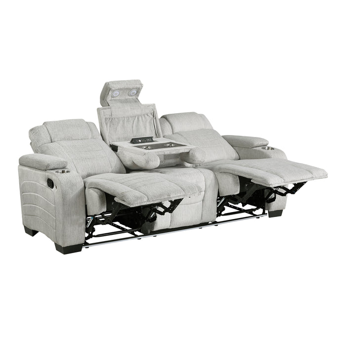 8455GRY-3 Double Reclining Sofa with Center Drop-Down Cup Holders, Storage Arms, Cup Holders, Reading Lights, Magazine Bag, Receptacles, Charging Ports and LED image