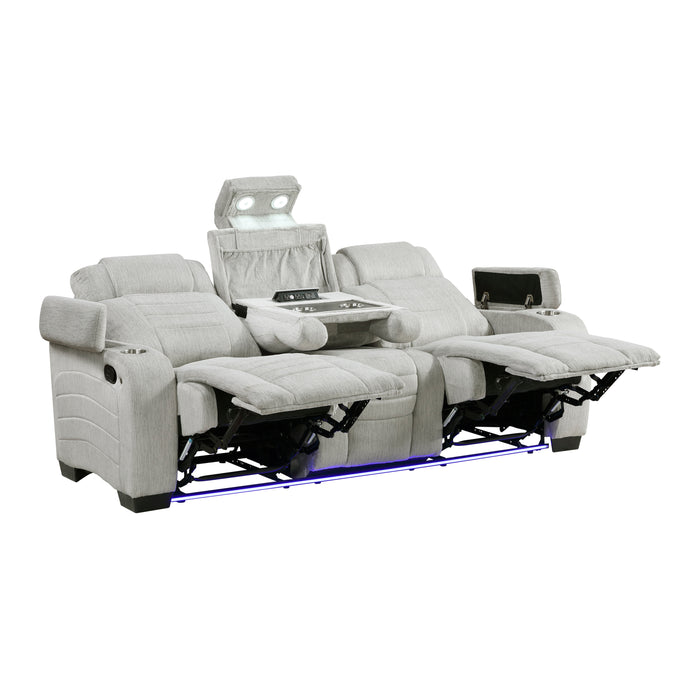 8455GRY-3 Double Reclining Sofa with Center Drop-Down Cup Holders, Storage Arms, Cup Holders, Reading Lights, Magazine Bag, Receptacles, Charging Ports and LED image