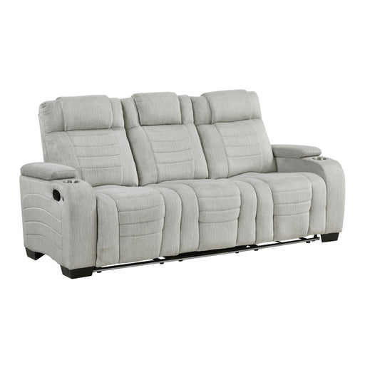 8455GRY-3 Double Reclining Sofa with Center Drop-Down Cup Holders, Storage Arms, Cup Holders, Reading Lights, Magazine Bag, Receptacles, Charging Ports and LED image