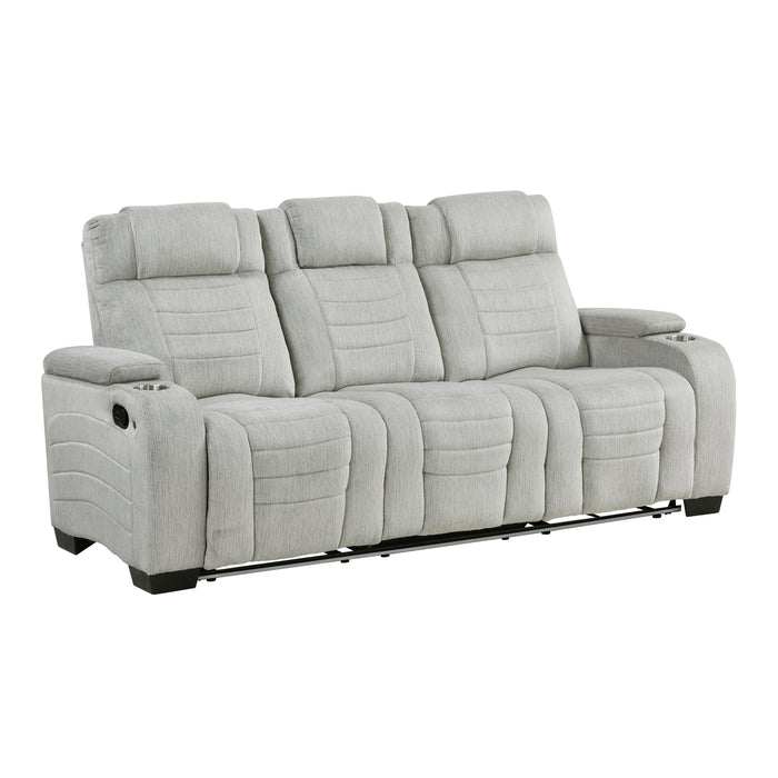 8455GRY-3 Double Reclining Sofa with Center Drop-Down Cup Holders, Storage Arms, Cup Holders, Reading Lights, Magazine Bag, Receptacles, Charging Ports and LED image