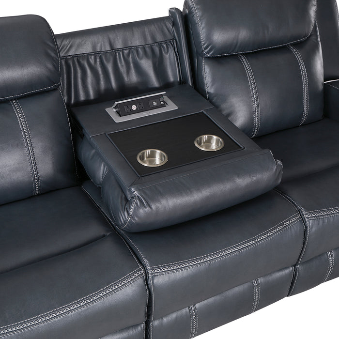 Littleton Double Reclining Sofa with Center Drop-Down Cup Holders,Storage Pouch, Receptacles and USB Ports in Blue - 8516BU-3 - FAMSA Furniture (TX)