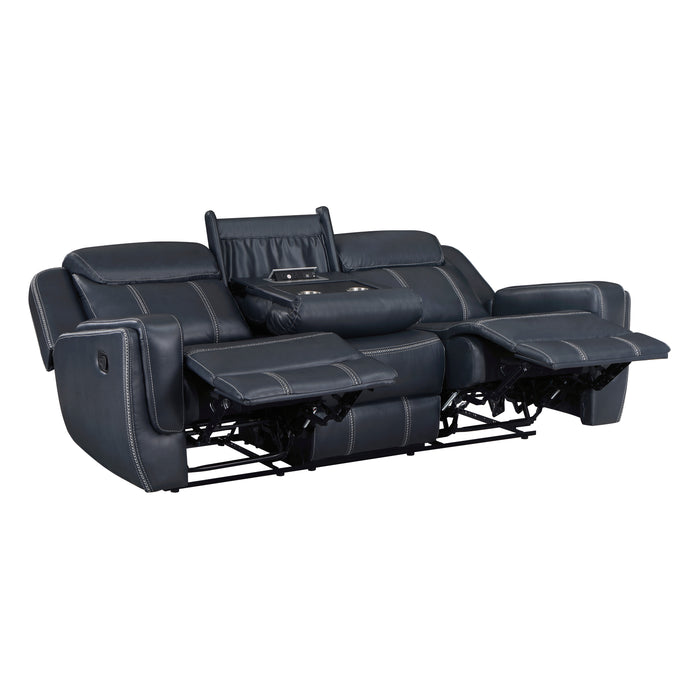 Littleton Double Reclining Sofa with Center Drop-Down Cup Holders,Storage Pouch, Receptacles and USB Ports in Blue - 8516BU-3 - FAMSA Furniture (TX)