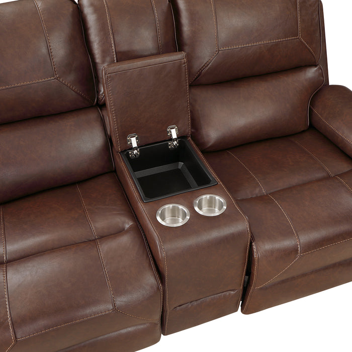Newnan Double Glider Reclining Loveseat with Center Console, Receptacles and USB Ports in Brown - 8549BRW-2 - FAMSA Furniture (TX)