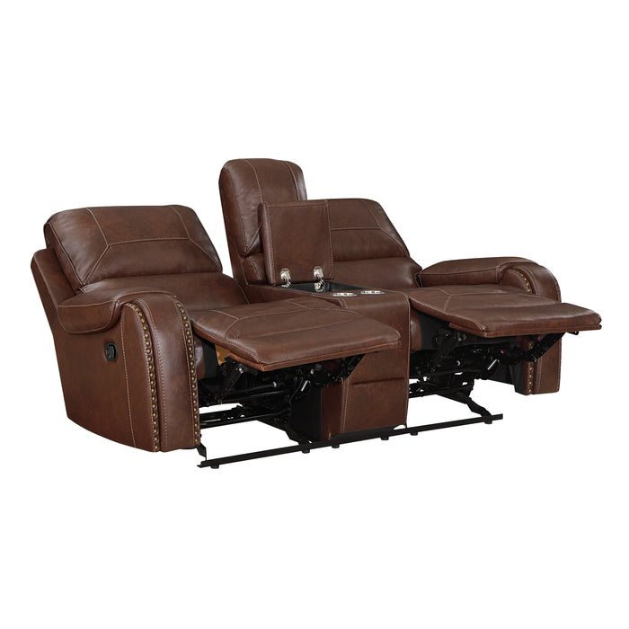 Newnan Double Glider Reclining Loveseat with Center Console, Receptacles and USB Ports in Brown - 8549BRW-2 - FAMSA Furniture (TX)