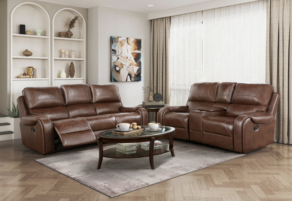 Newnan Double Glider Reclining Loveseat with Center Console, Receptacles and USB Ports in Brown - 8549BRW-2 - FAMSA Furniture (TX)