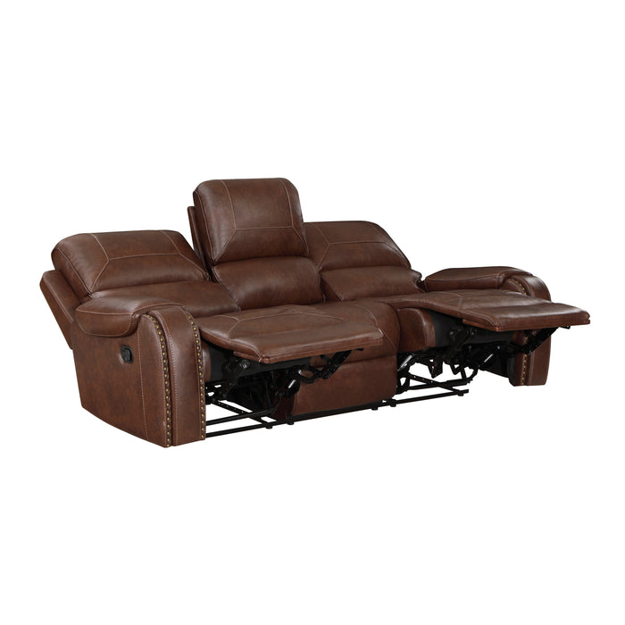 Newnan Double Reclining Sofa with Center Drop-Down Cup Holders, Receptacles and USB Ports in Brown - 8549BRW-3 - FAMSA Furniture (TX)