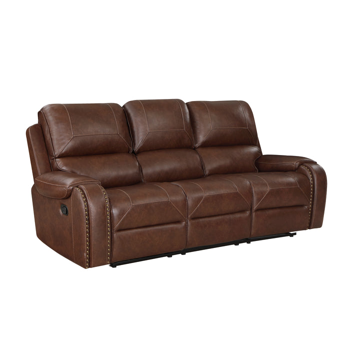 Newnan Double Reclining Sofa with Center Drop-Down Cup Holders, Receptacles and USB Ports in Brown - 8549BRW-3 - FAMSA Furniture (TX)