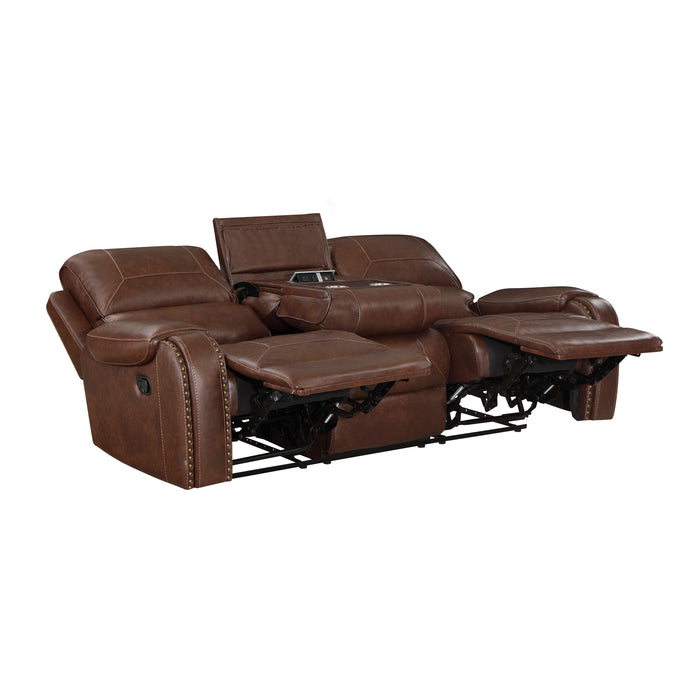 Newnan Double Reclining Sofa with Center Drop-Down Cup Holders, Receptacles and USB Ports in Brown - 8549BRW-3 - FAMSA Furniture (TX)