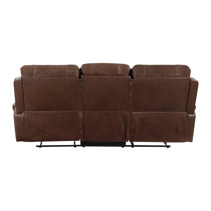 Newnan Double Reclining Sofa with Center Drop-Down Cup Holders, Receptacles and USB Ports in Brown - 8549BRW-3 - FAMSA Furniture (TX)