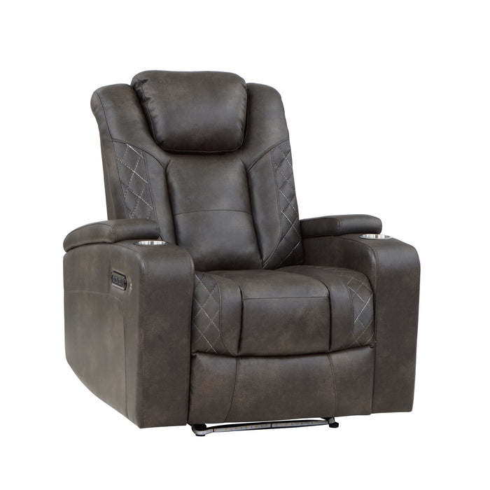 Tabor Power Reclining Chair with Power Headrest and Storage Arms, Cup Holders in Brown/Gray - 9211BRG-1PWH - FAMSA Furniture (TX)