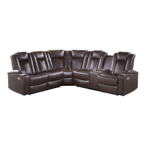 Caelan 3-Piece Power Reclining Sectional with Drop-Down Cup Holders, Reading Lights, Console, Storage Arms with Cup holders in Brown - 9366DB*SC - FAMSA Furniture (TX)