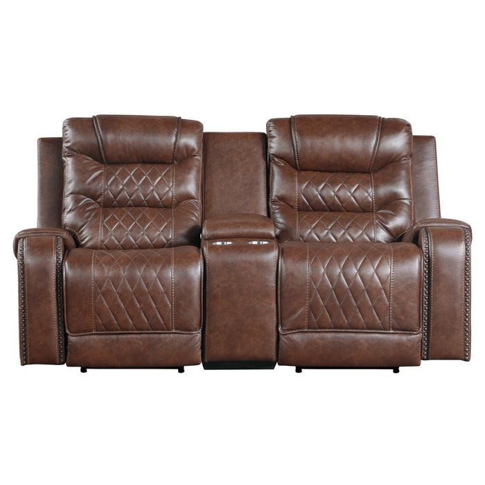 Putnam Power Double Reclining Loveseat with Center Console, Receptacles and USB Ports in Brown - 9405BR-2PW - FAMSA Furniture (TX)