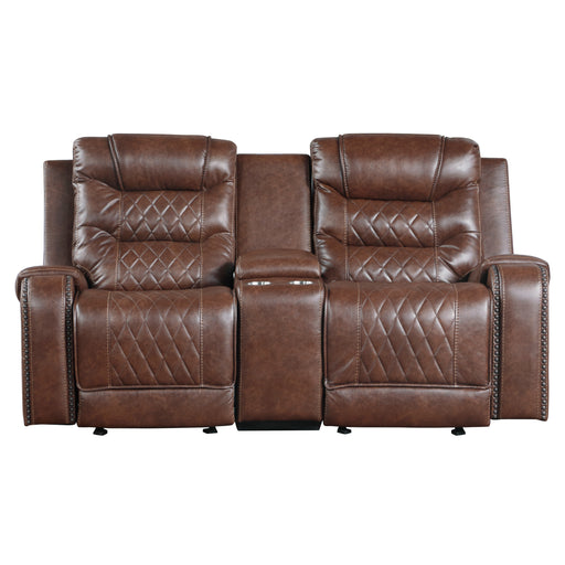 Putnam Double Glider Reclining Loveseat with Center Console, Receptacles and USB Port in Brown - 9405BR-2 - FAMSA Furniture (TX)