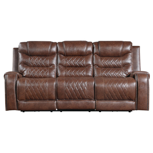 Putnam Power Double Reclining Sofa with Center Drop-Down Cup Holders, Receptacles and USB Ports in Brown - 9405BR-3PW - FAMSA Furniture (TX)