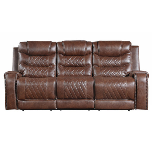 Putnam Double Reclining Sofa with Center Drop-Down Cup Holders, Receptacles and USB Ports in Brown - 9405BR-3 - FAMSA Furniture (TX)