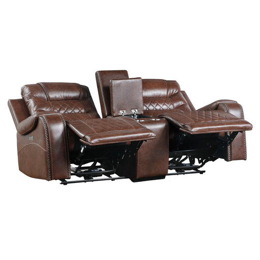 Putnam Power Double Reclining Loveseat with Center Console, Receptacles and USB Ports in Brown - 9405BR-2PW - FAMSA Furniture (TX)