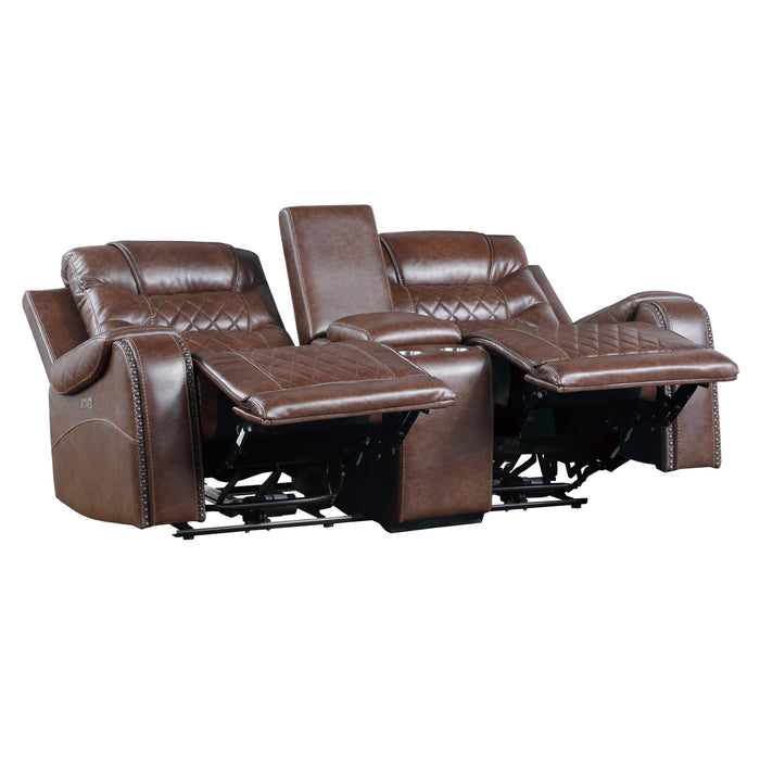 Putnam Power Double Reclining Loveseat with Center Console, Receptacles and USB Ports in Brown - 9405BR-2PW - FAMSA Furniture (TX)